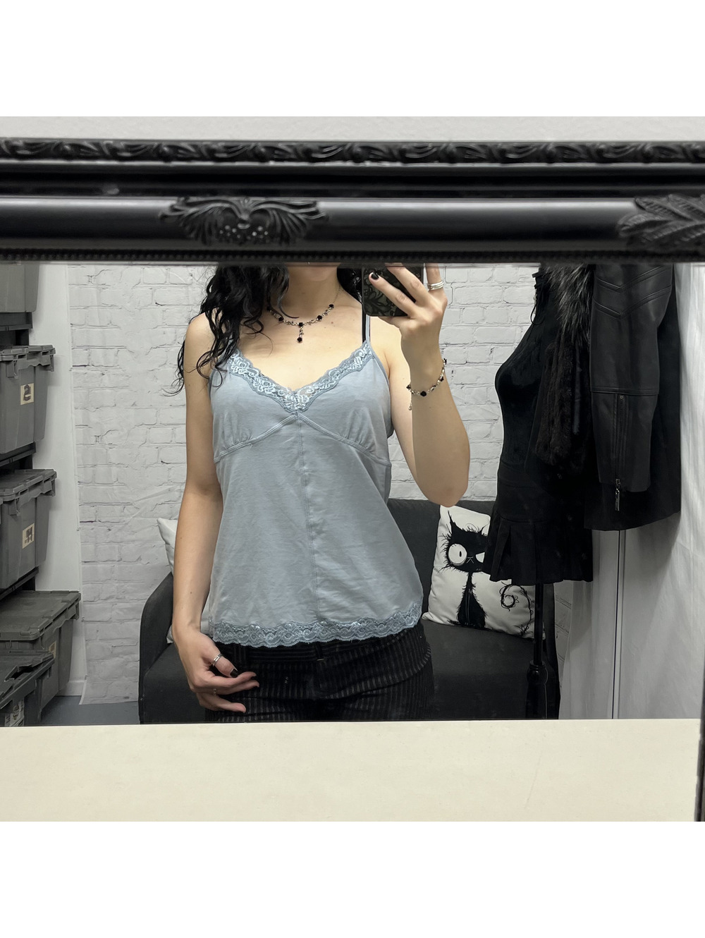 Y2K Mexx Grey Ish Blue Lace Trim Camisole Sz L Coquette 2000s Bella Swan Fairy - Picture 9 of 9